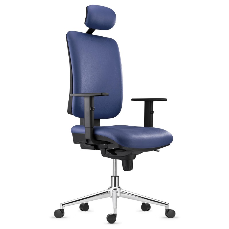 Silla Ergonómica PIERO, en Piel Natural color Negro, con Base Metálica, Brazos Ajustables y Reposacabezas