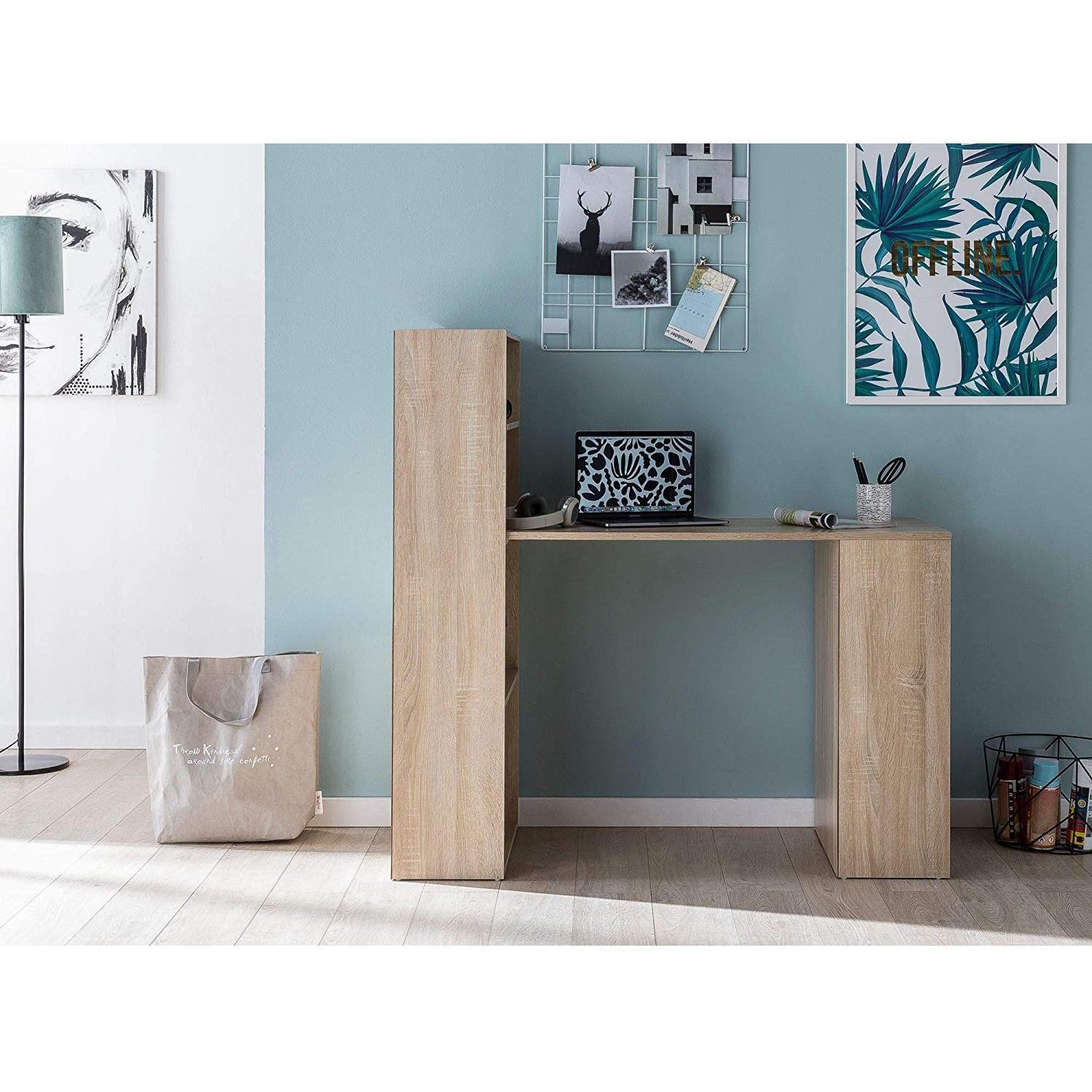 Mesa para ordenador YASMIN, 120x53x120 cm, con Estantes, en Madera color Blanco