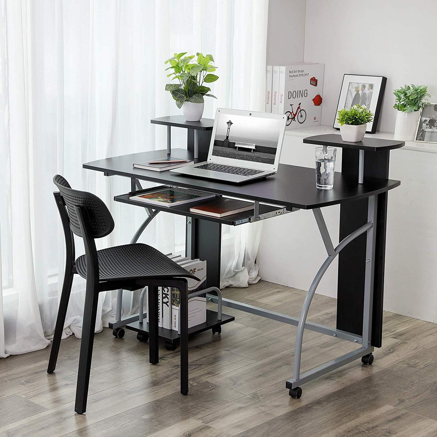 Mesa para Ordenador OHIO PRO, 120x59x90 cm, con Ruedas, en Metal y Madera color Negro