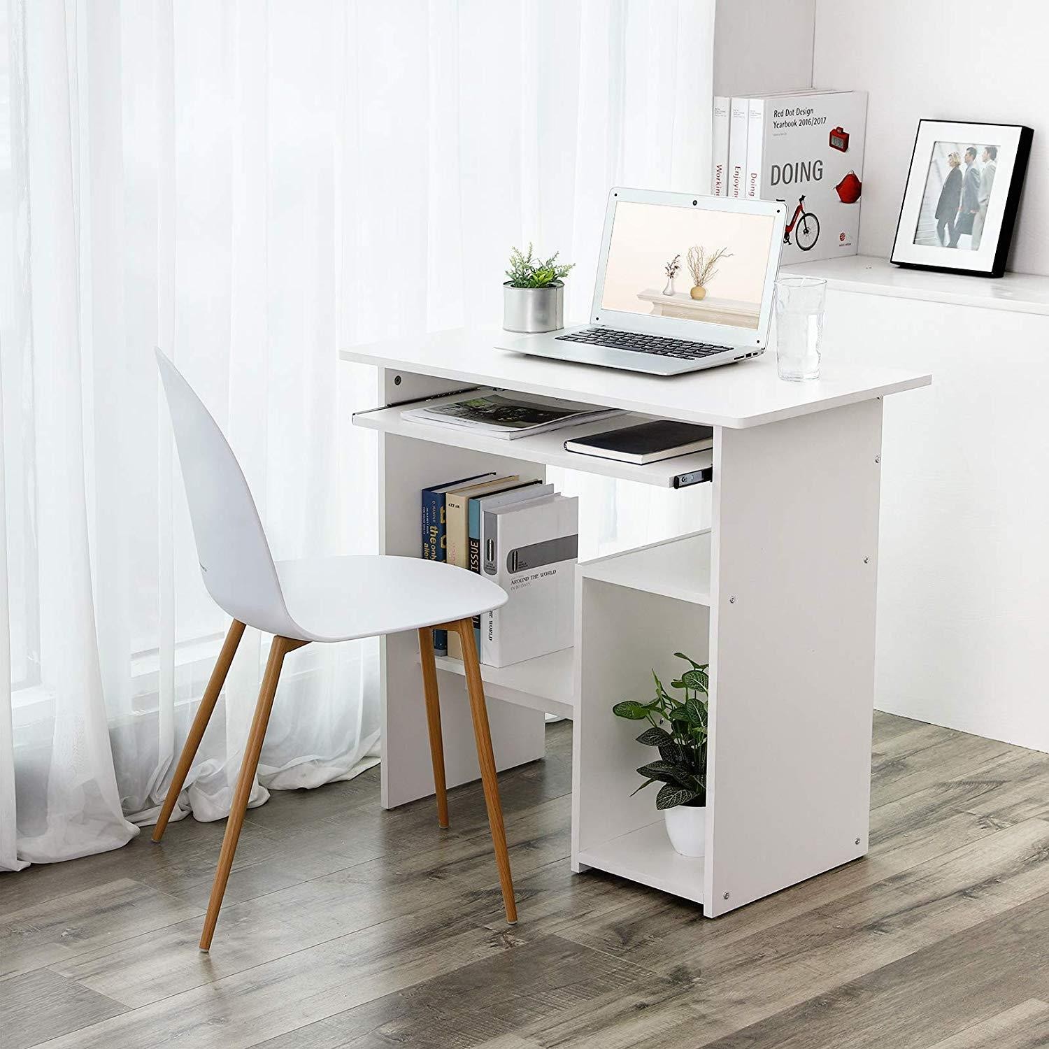 Mesa para Ordenador ORNELA, 80x48x76 cm, Bandeja para Teclado, en Madera color Blanco