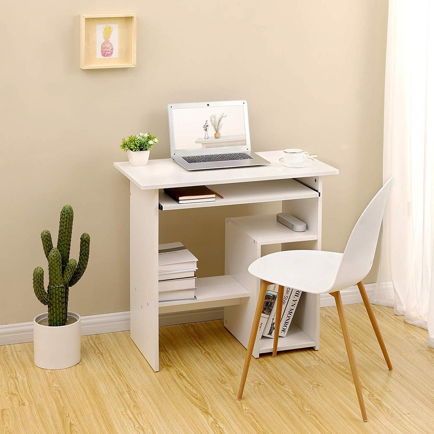Mesa para Ordenador ORNELA, 80x48x76 cm, Bandeja para Teclado, en Madera color Blanco