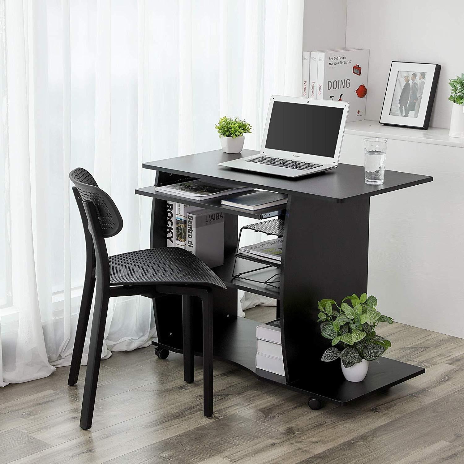 Mesa para Ordenador DAMIAN, 90x50x75 cm, con Ruedas, en Madera color Negro
