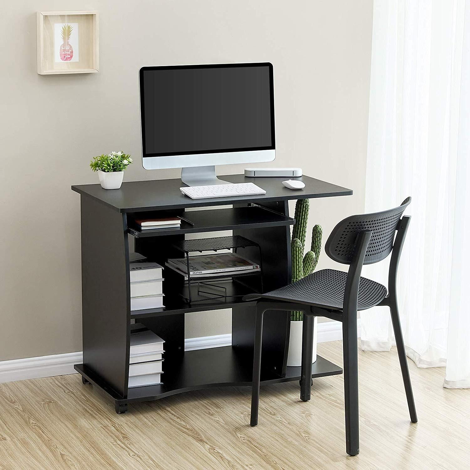 Mesa para Ordenador DAMIAN, 90x50x75 cm, con Ruedas, en Madera color Negro