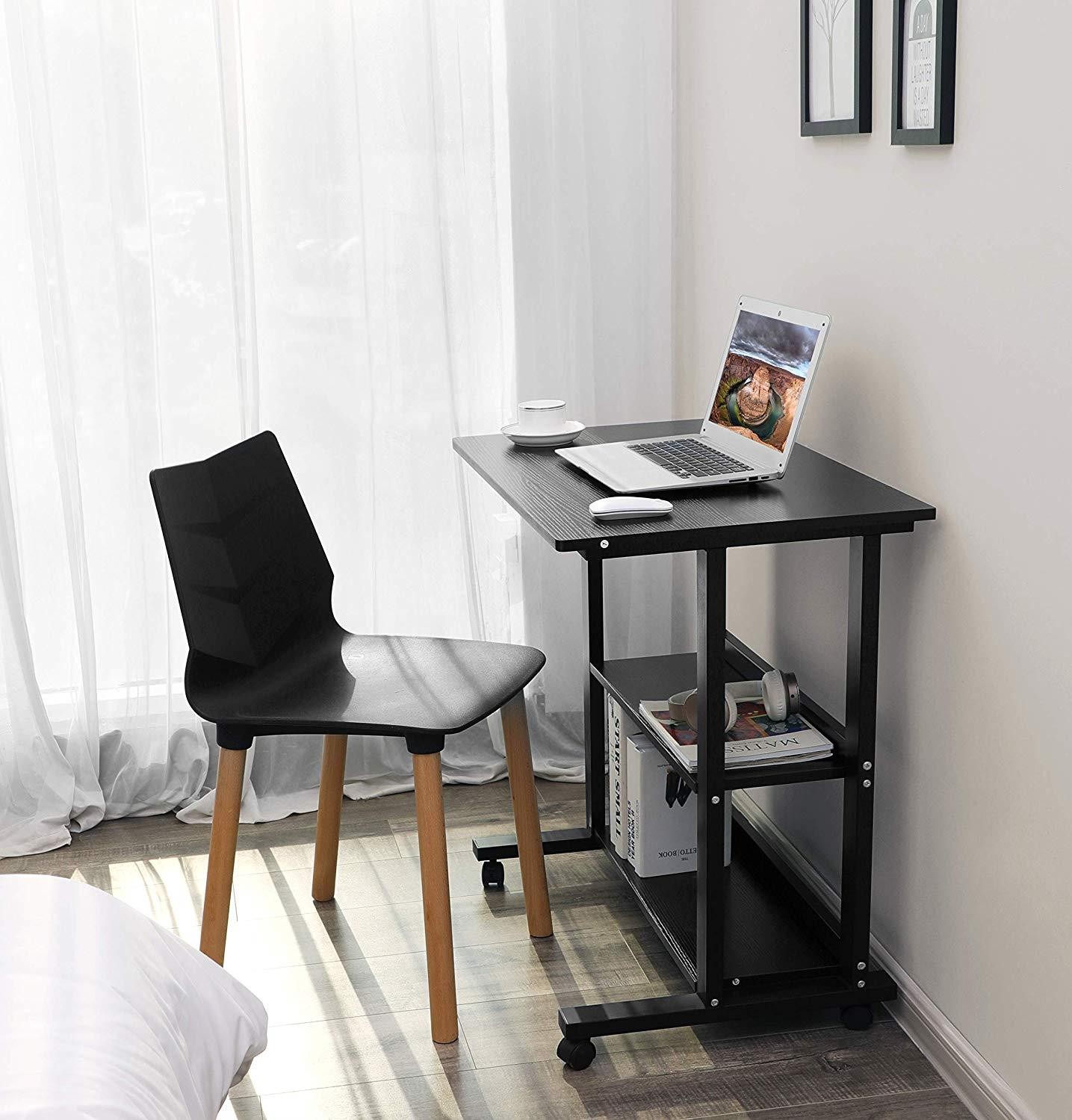 Mesa para Ordenador JOEL, 80x50x77 cm, con Ruedas, en Metal y Madera color Negro