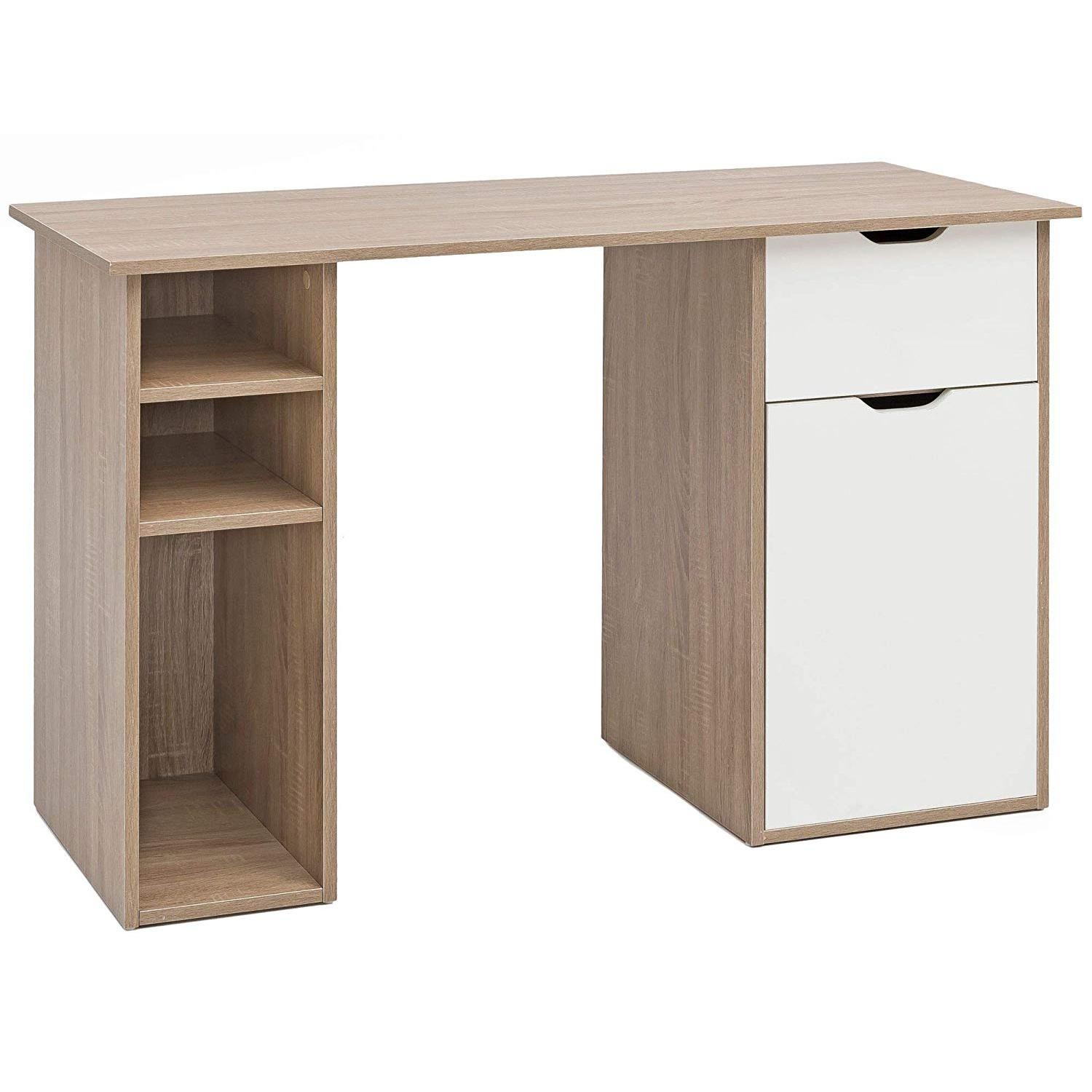 Mesa de Ordenador KALED, Dimensiones 115x50x75,5 cm, en Madera color Blanco/Roble