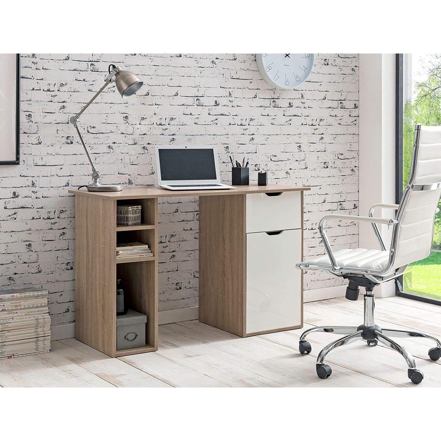 Mesa de Ordenador KALED, Dimensiones 115x50x75,5 cm, en Madera color Blanco/Roble