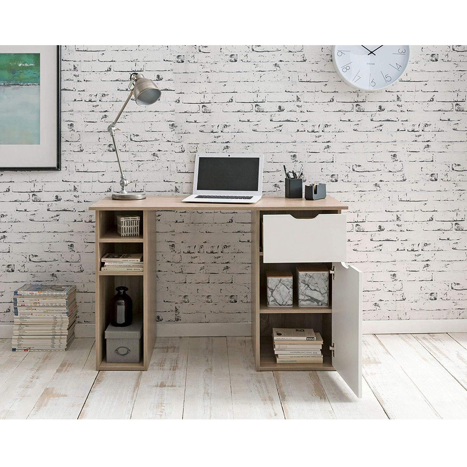 Mesa de Ordenador KALED, Dimensiones 115x50x75,5 cm, en Madera color Blanco/Roble