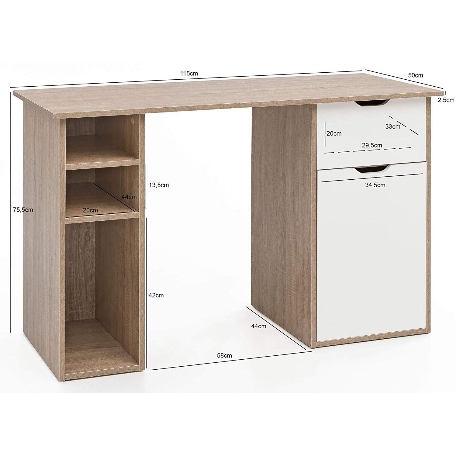 Mesa de Ordenador KALED, Dimensiones 115x50x75,5 cm, en Madera color Blanco/Roble