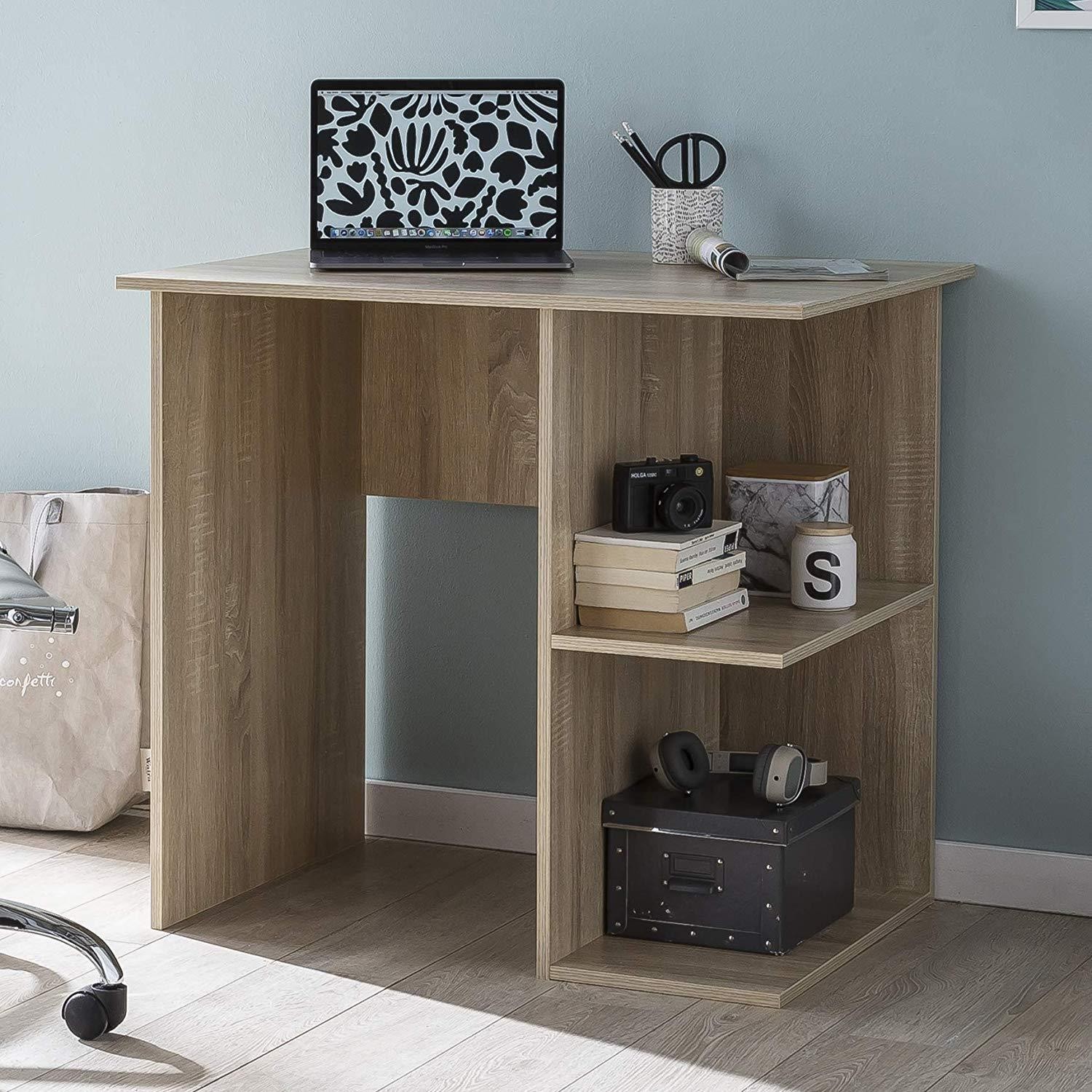 Mesa para Ordenador YASIRA, 82x60x76 cm, con Estantes, en Madera color Blanco