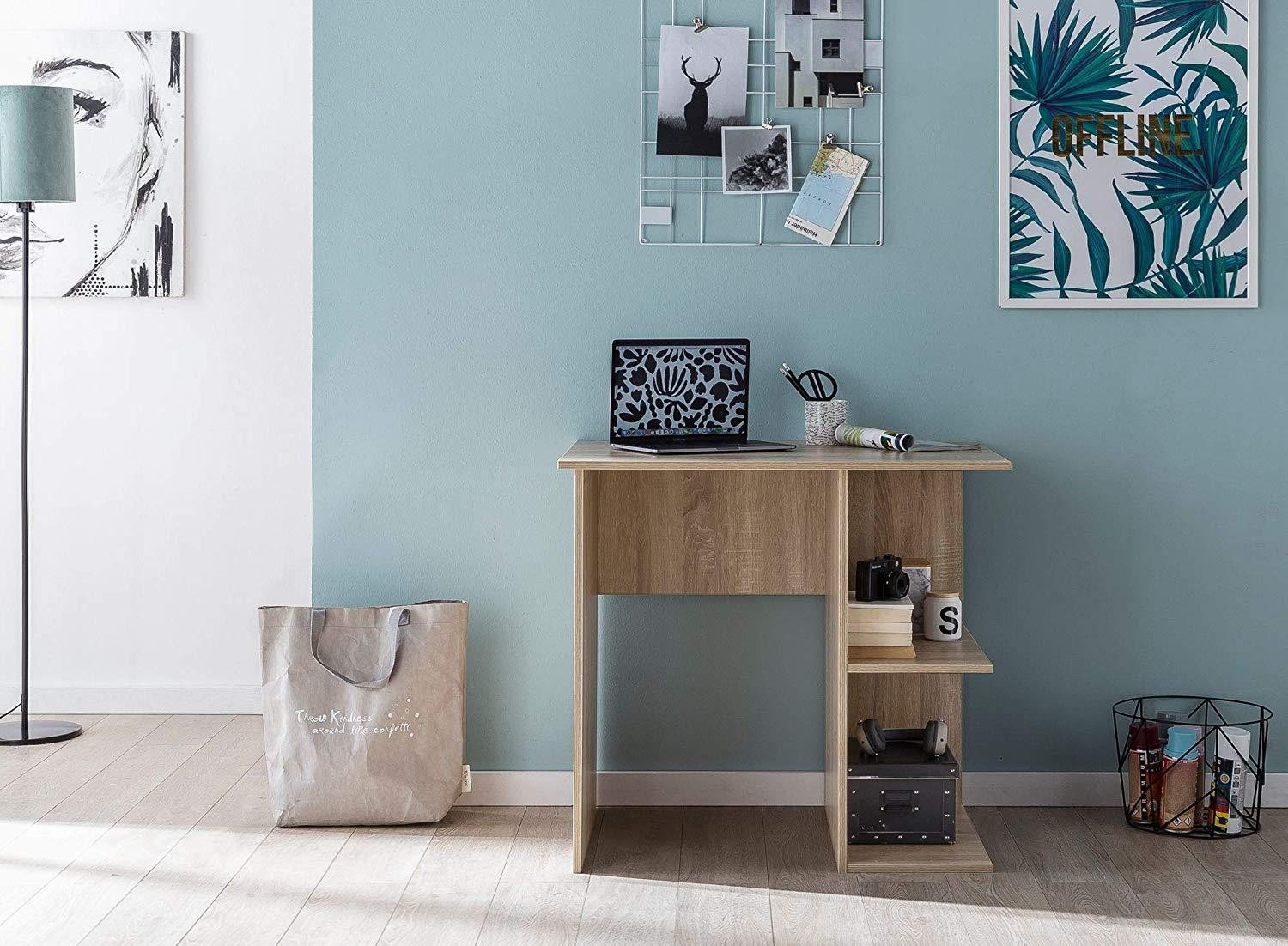 Mesa para Ordenador YASIRA, 82x60x76 cm, con Estantes, en Madera color Blanco