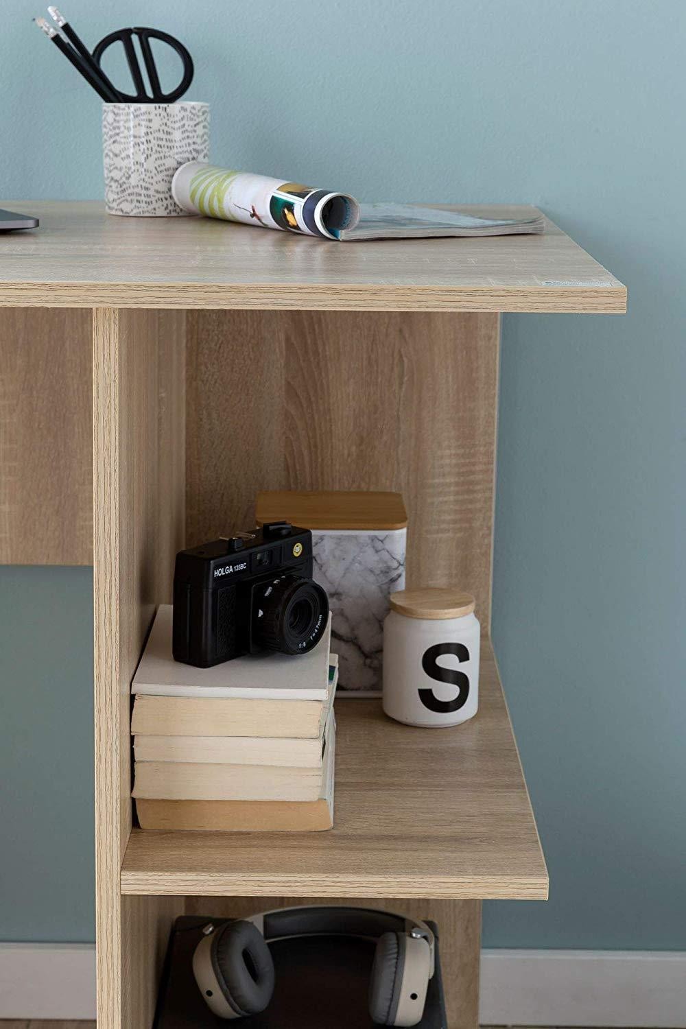 Mesa para Ordenador YASIRA, 82x60x76 cm, con Estantes, en Madera color Blanco