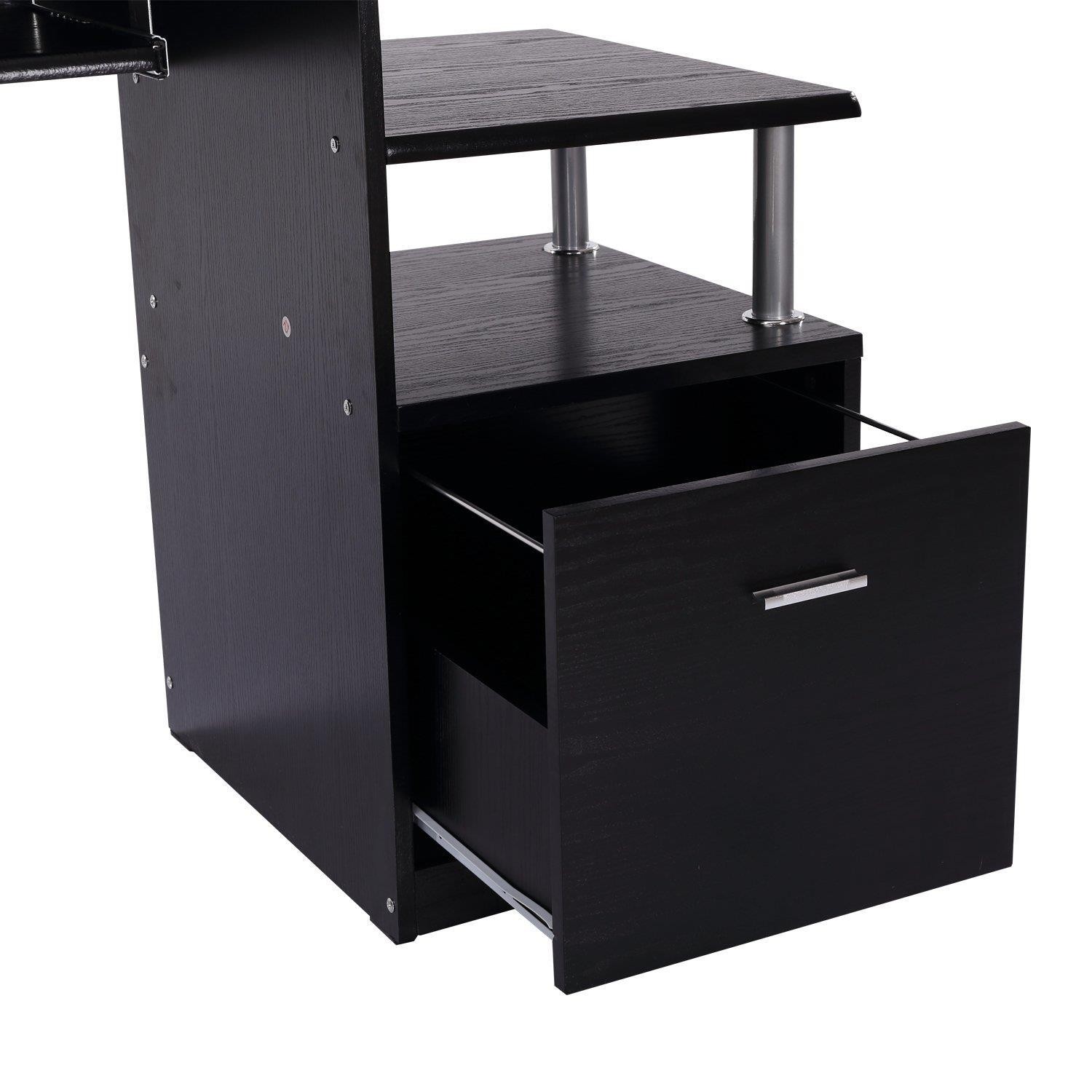 Mesa para ordenador PLANET, con Estantes y Bandeja para Teclado, 152x60x80 cm, en Madera color Negro