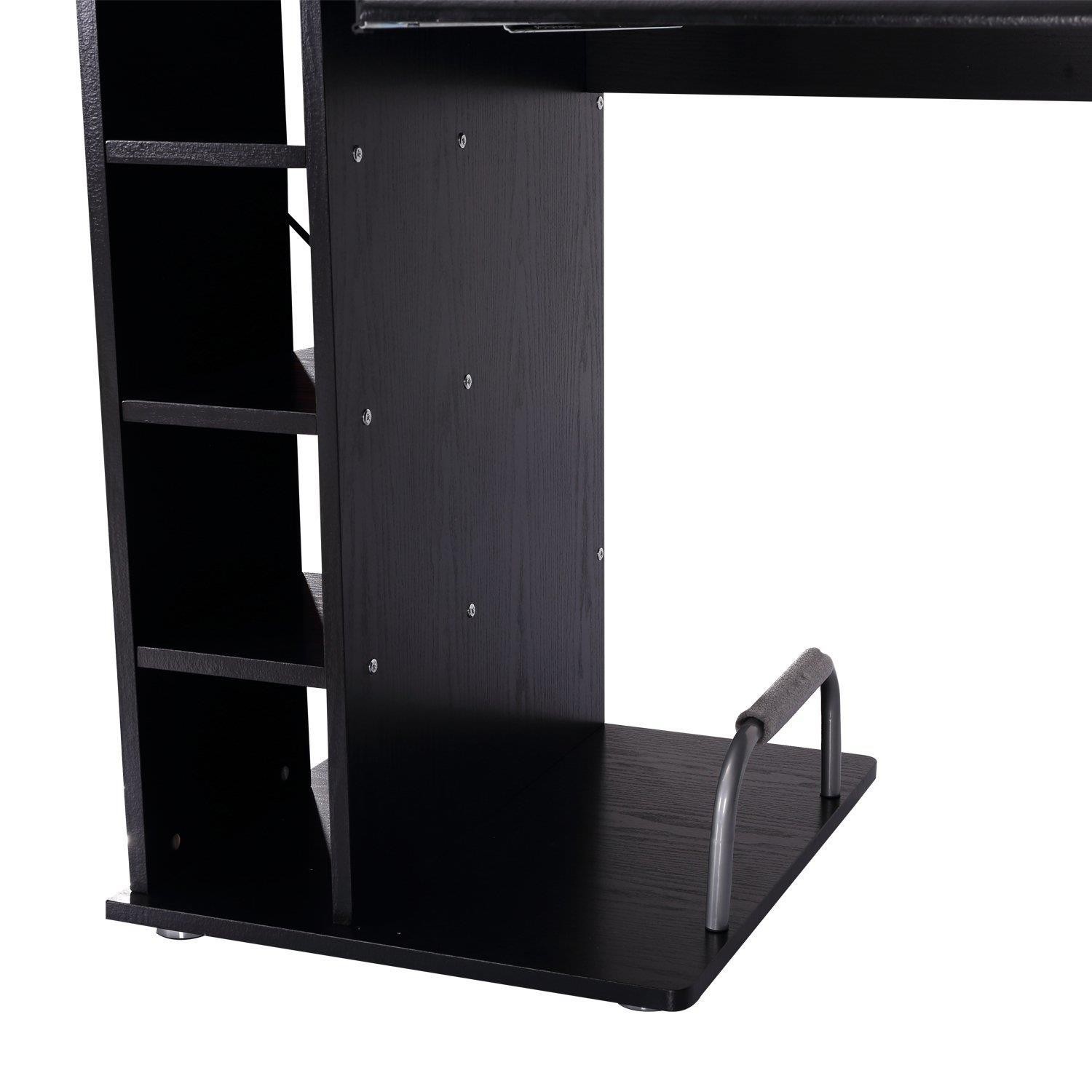 Mesa para ordenador PLANET, con Estantes y Bandeja para Teclado, 152x60x80 cm, en Madera color Negro