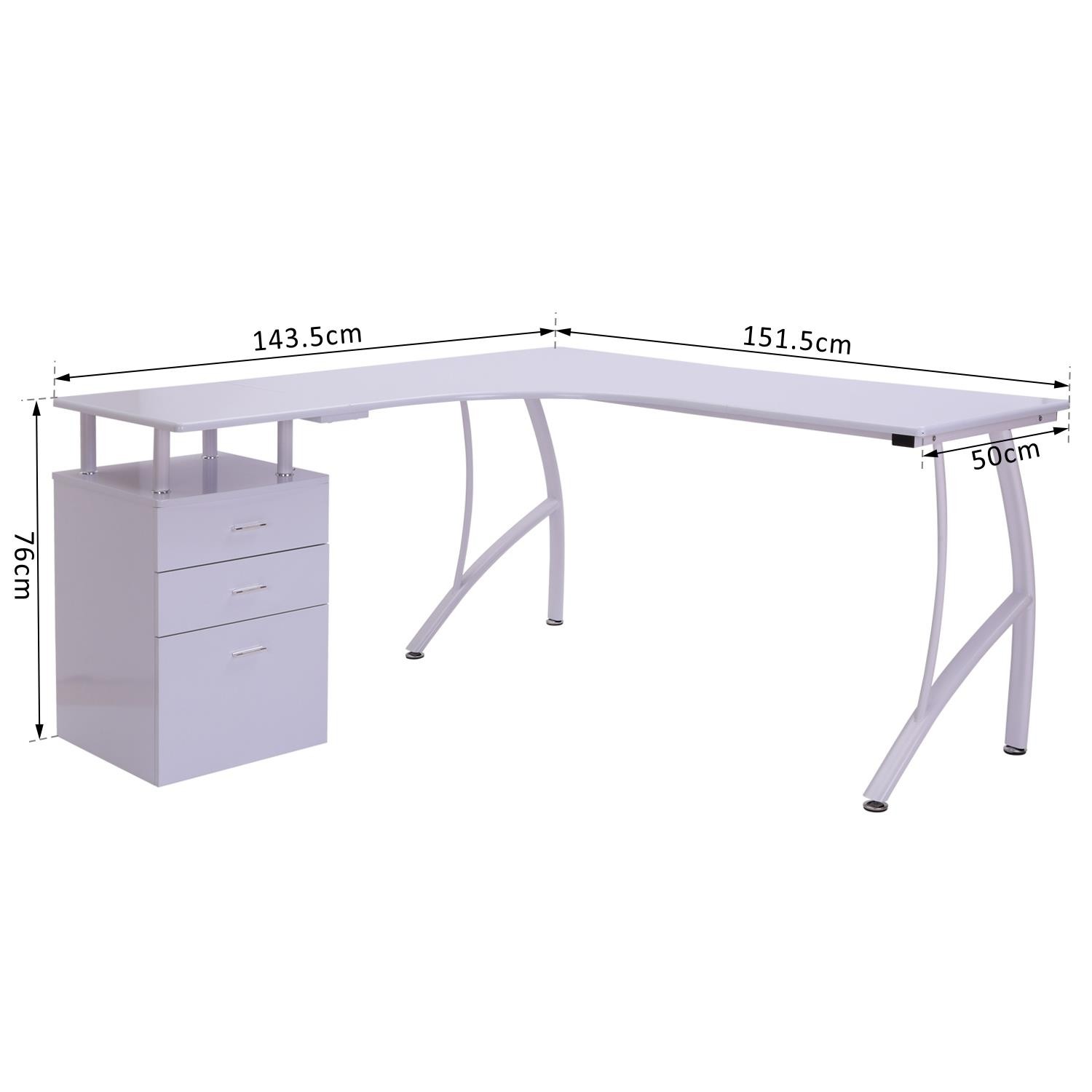 Mesa de Oficina TEKAWI, 151x143x55 cm, con Cajonera, en Madera color Blanco