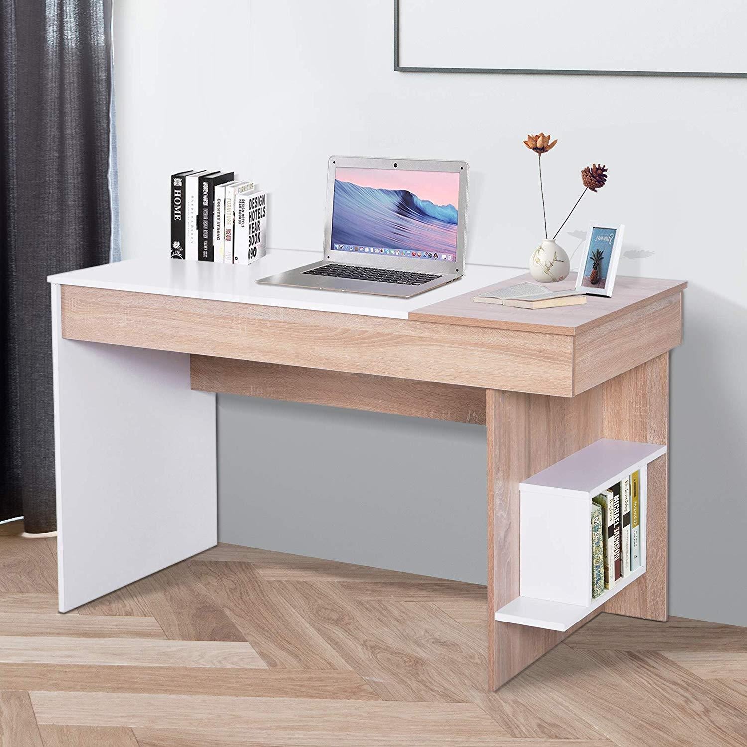 Mesa de oficina LISE, 120x60x74 cm, con Tapa Abatible, en Madera color Roble y Blanco