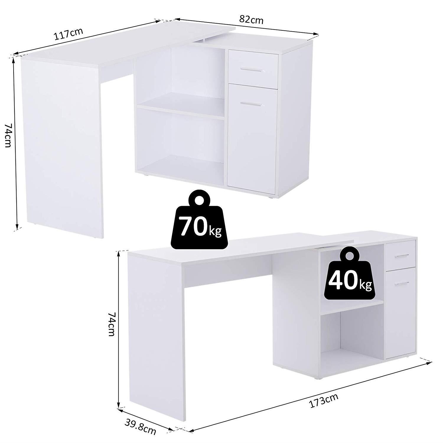Mesa de Oficina YASER, con Estantes y Cajonera, en Madera color Blanco
