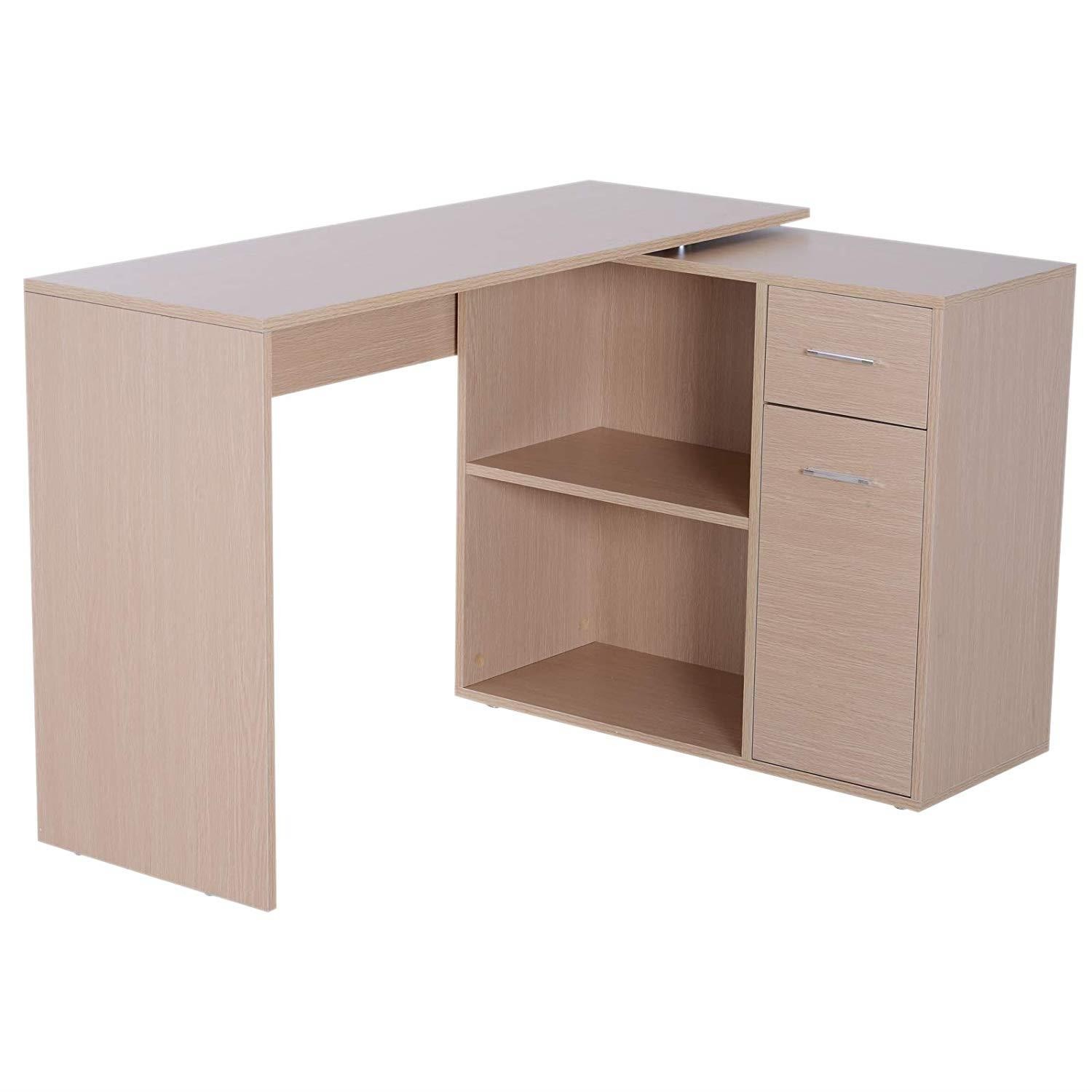 Mesa de Oficina YASER, con Estantes y Cajonera, en Madera color Blanco