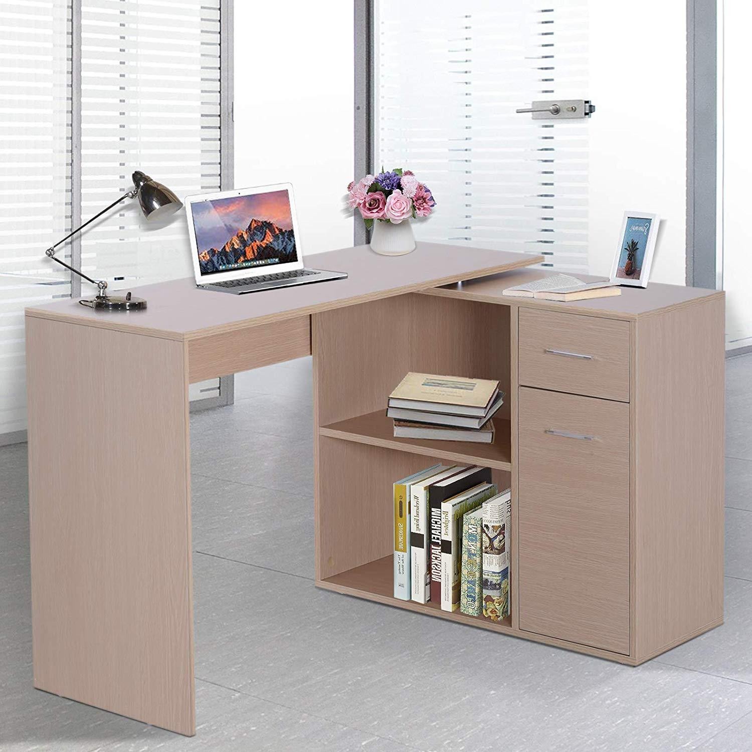 Mesa de Oficina YASER, con Estantes y Cajonera, en Madera color Blanco