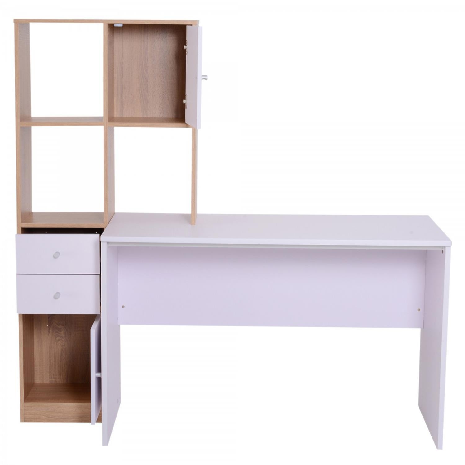 Mesa de Oficina LINSAY, con Cajones y Estantes, 153x60x148 cm, en Madera color Blanco y Roble