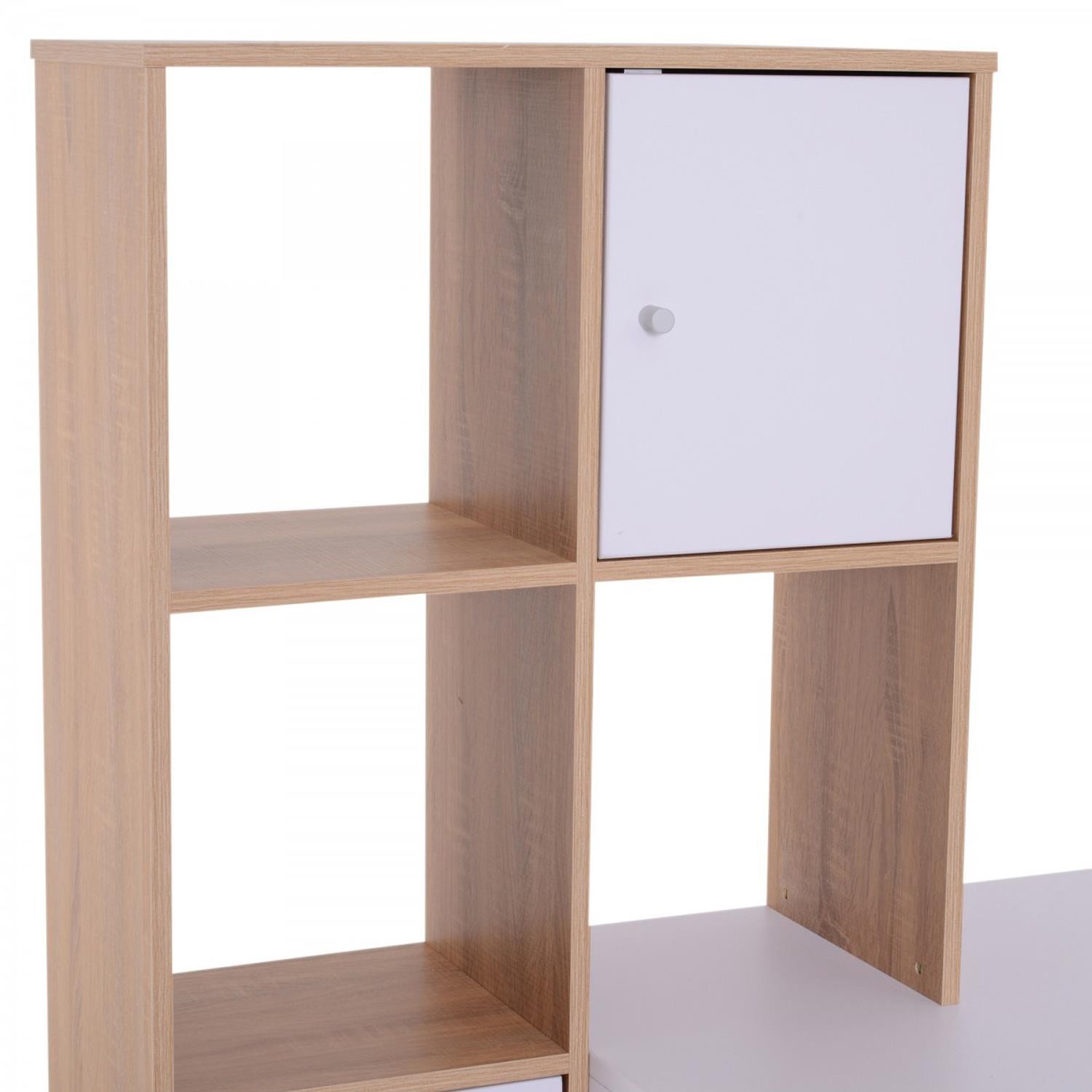 Mesa de Oficina LINSAY, con Cajones y Estantes, 153x60x148 cm, en Madera color Blanco y Roble