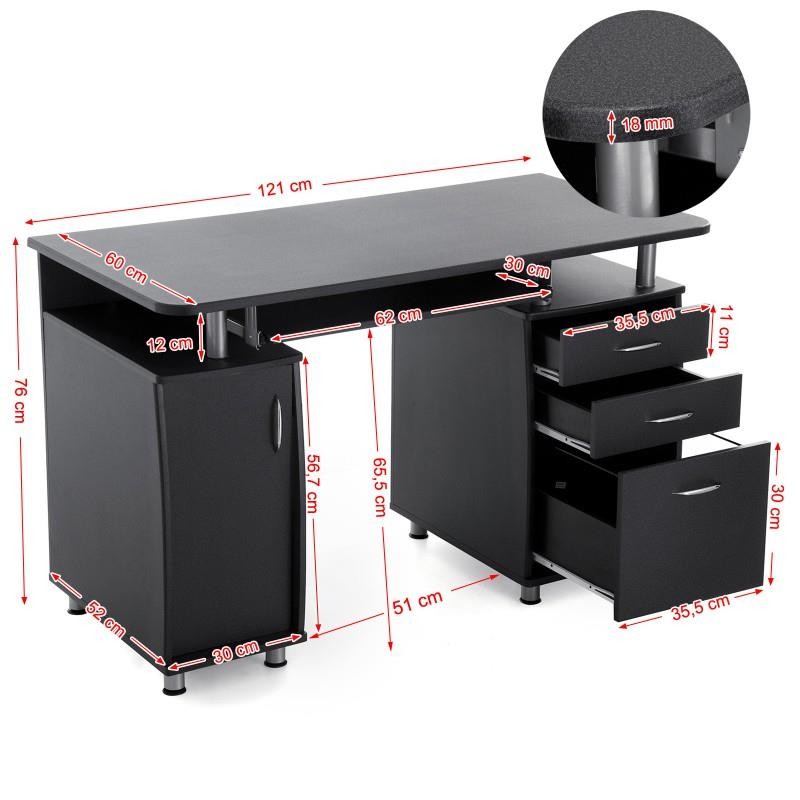 Mesa para Ordenador MOKE, con Cajones y Bandeja para Teclado, 121x60x76 cm, en Madera Negra