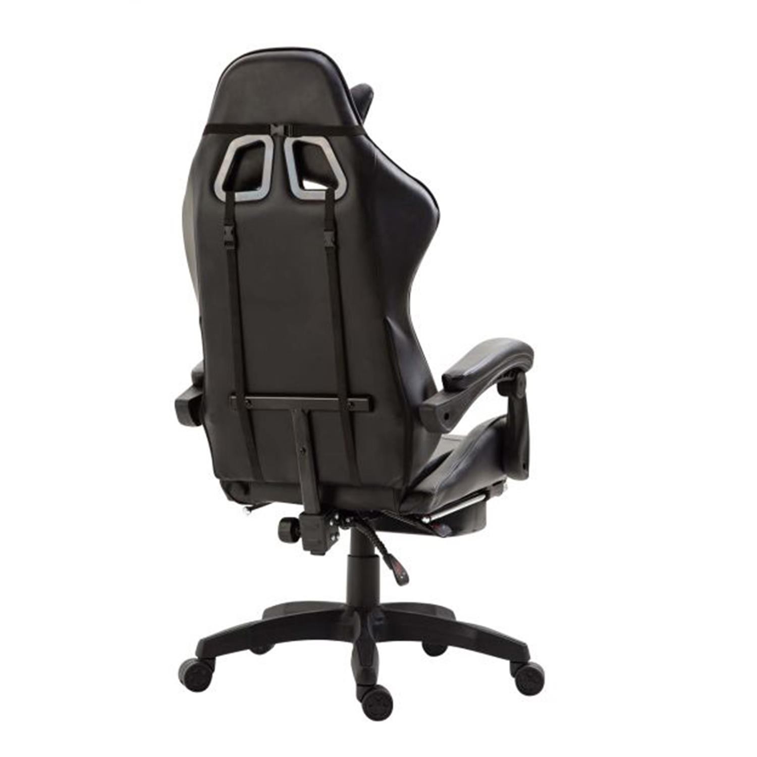 Silla Gaming POKER con Reposapiés, Cojines Lumbar y Cervical, En Piel Negra
