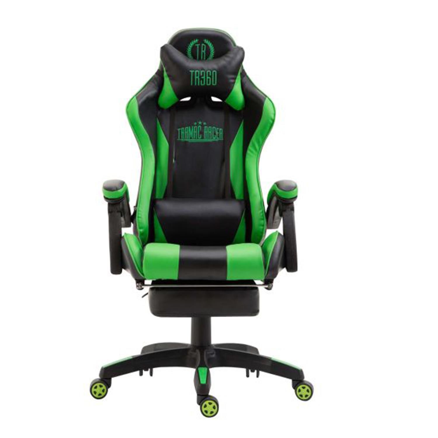 Silla Gaming POKER con Reposapiés, Cojines Lumbar y Cervical, En Piel Negra