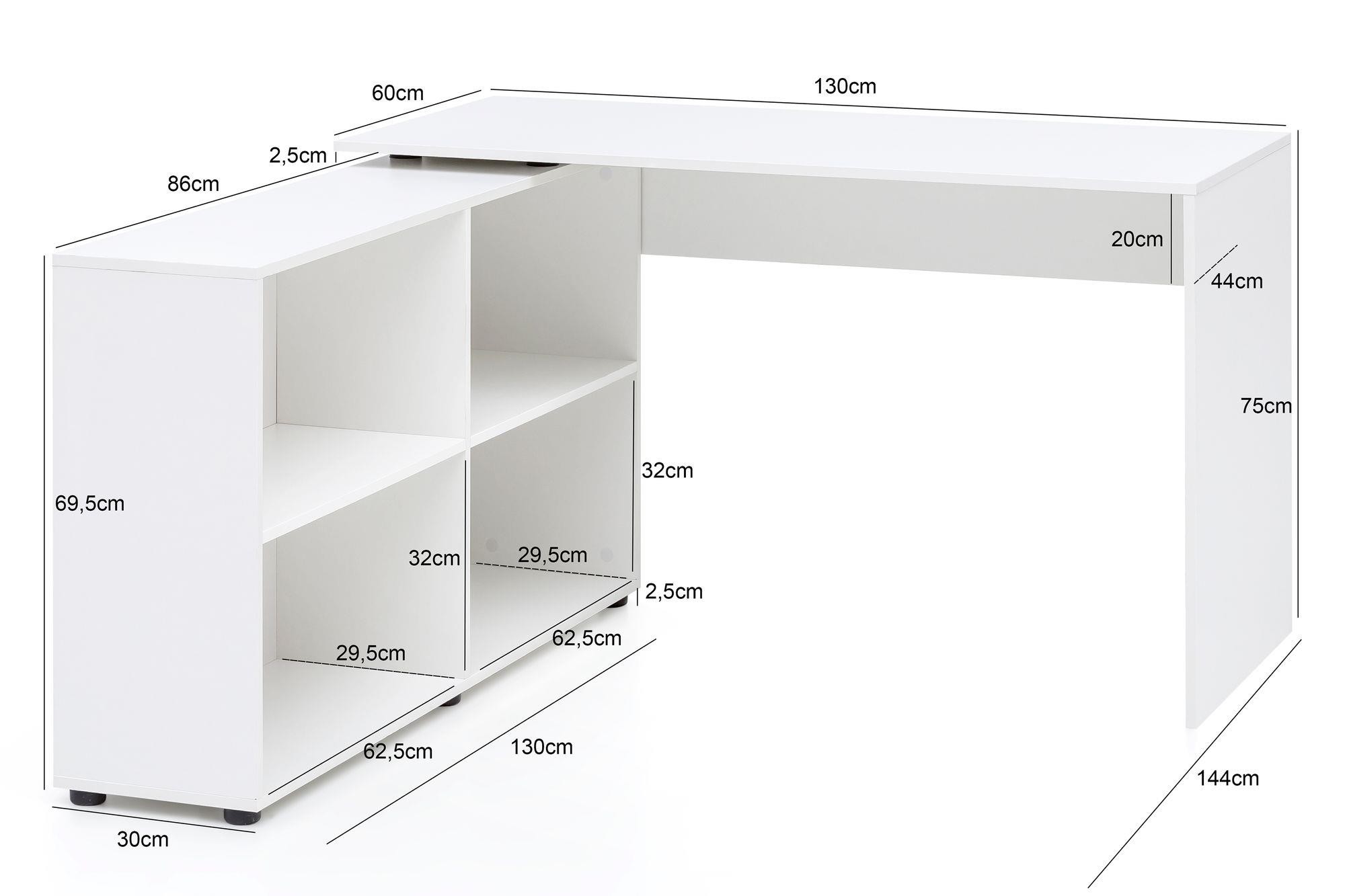 Mesa de Oficina JULIA, 130x60x75cm, Pieza Auxiliar Ajustable, En Blanco