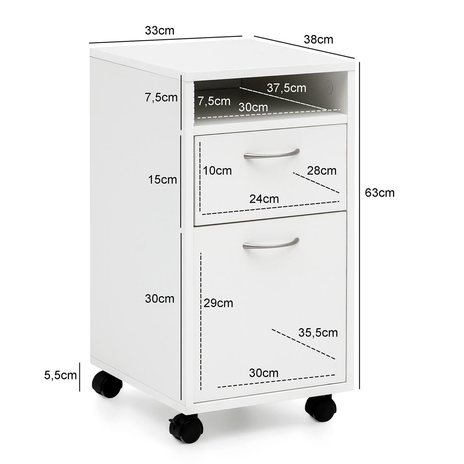 Archivador con Ruedas LEXI, 2 Cajones, 33x38x63 cm, en Madera Color Roble