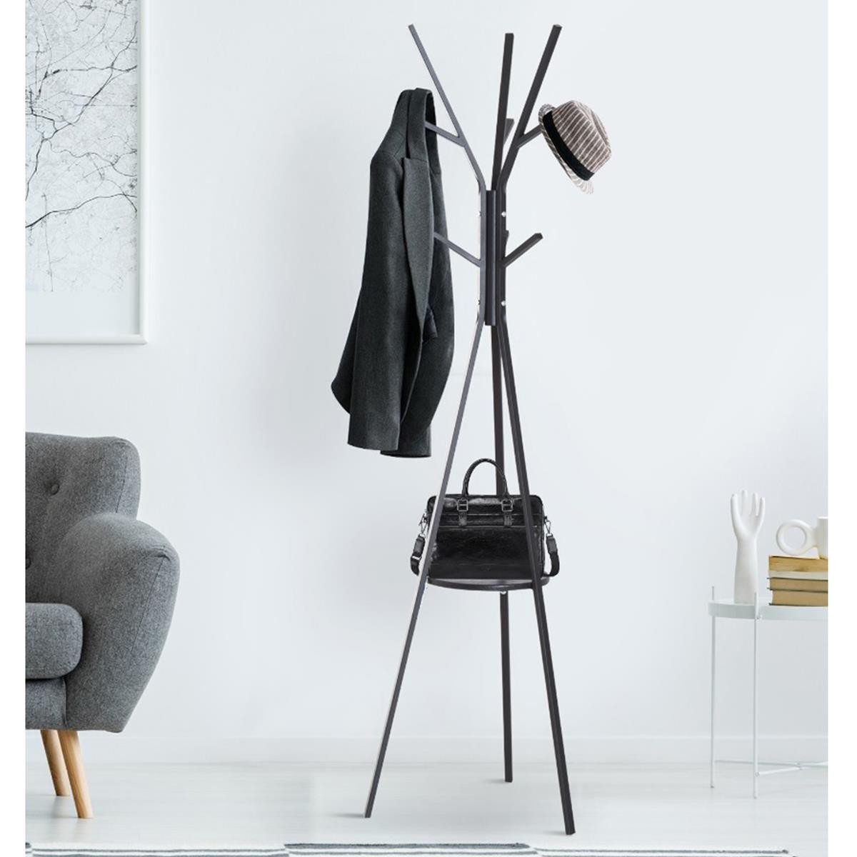 Perchero TIKU, 45x45x180 cm, con Estante, en Metal color Negro