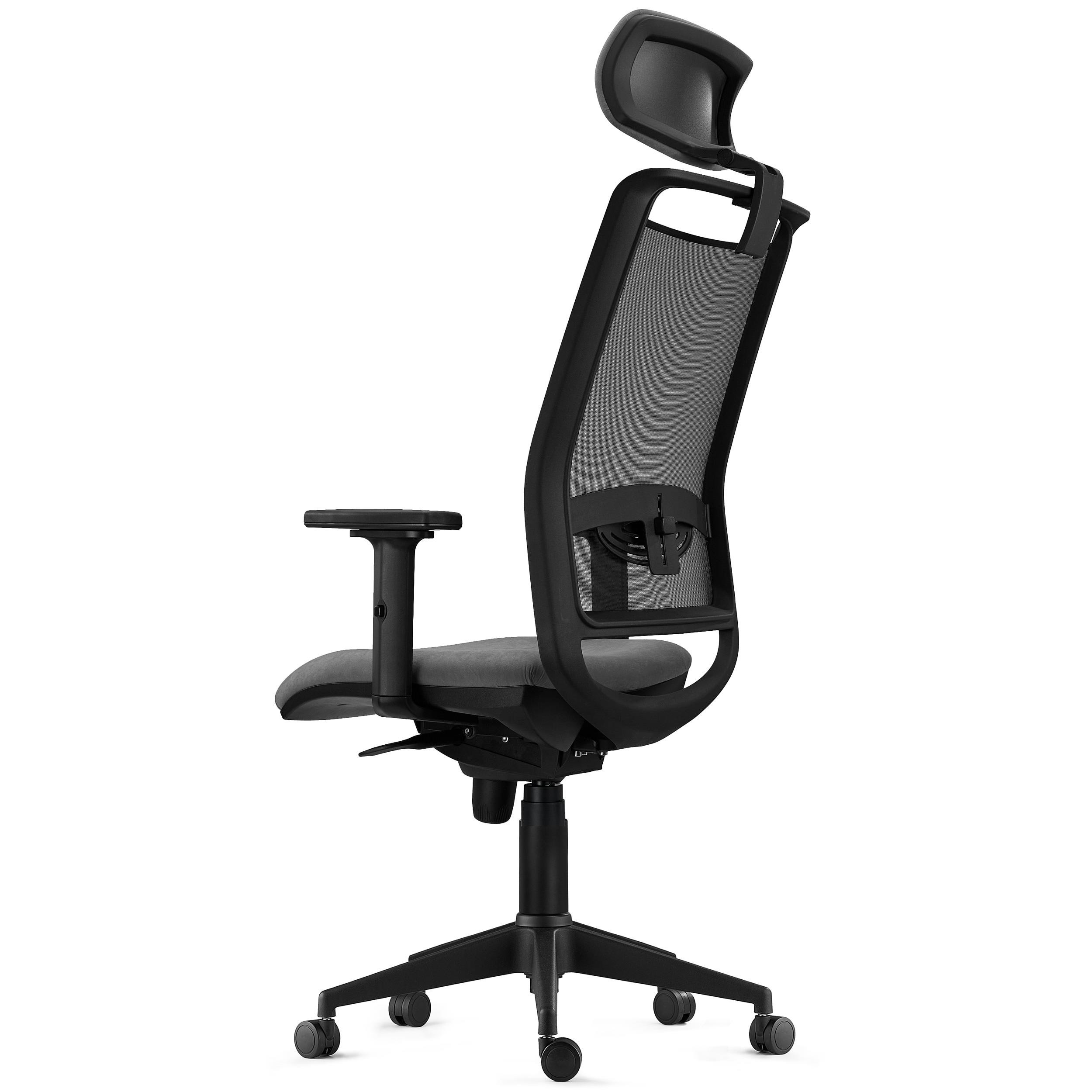 Silla Ergonómica NEPTUNO, Reposacabezas, Soporte Lumbar, Uso 8 Horas, en Malla Negra y Tela Negra