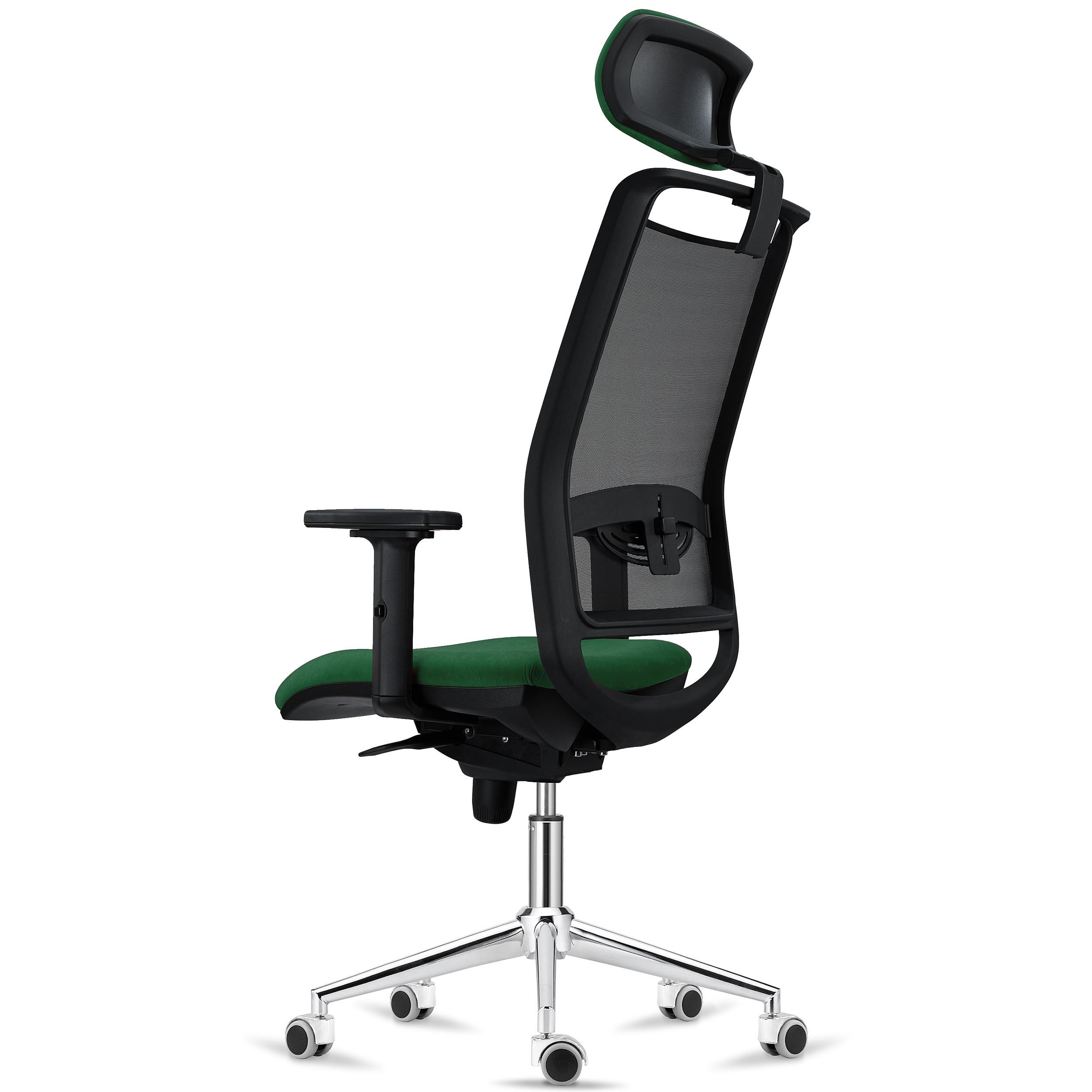 Silla Ergonómica NEPTUNO, Reposacabezas, Soporte Lumbar, Uso 8 Horas, Base Metálica, en Malla y Tela Negra