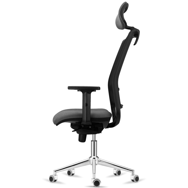 Silla Ergonómica NEPTUNO, Reposacabezas, Base Metálica, en Malla y Tela Negra