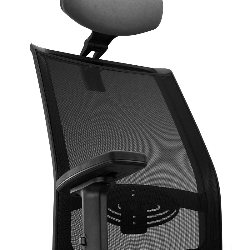 Silla Ergonómica NEPTUNO, Reposacabezas, Base Metálica, en Malla y Tela Negra