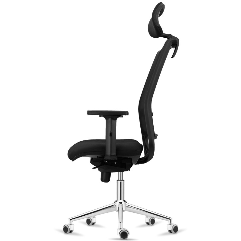 Silla Ergonómica NEPTUNO, Reposacabezas, Base Metálica, en Malla y Tela Negra