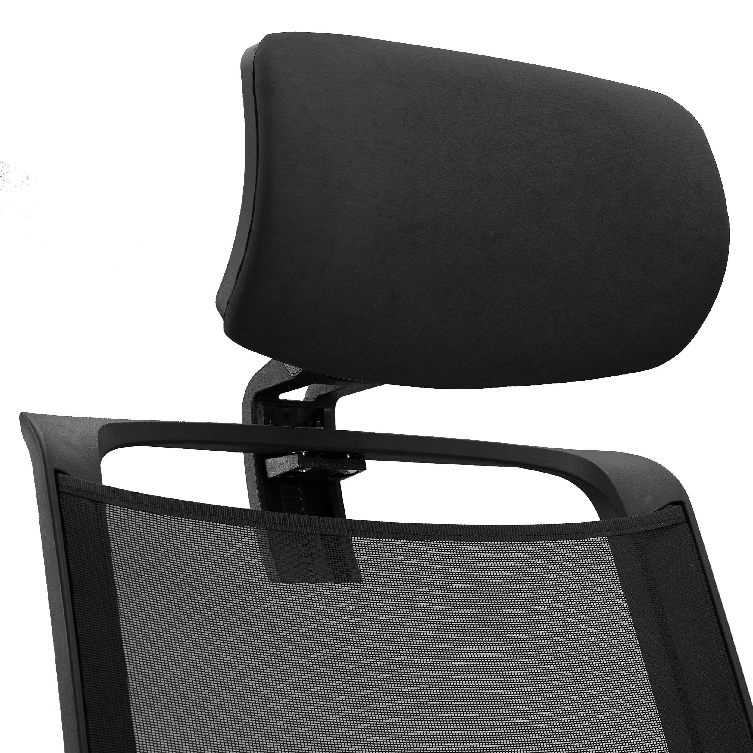 Silla Ergonómica NEPTUNO, Reposacabezas, Soporte Lumbar, Uso 8 Horas, Base Metálica, en Malla y Tela Negra