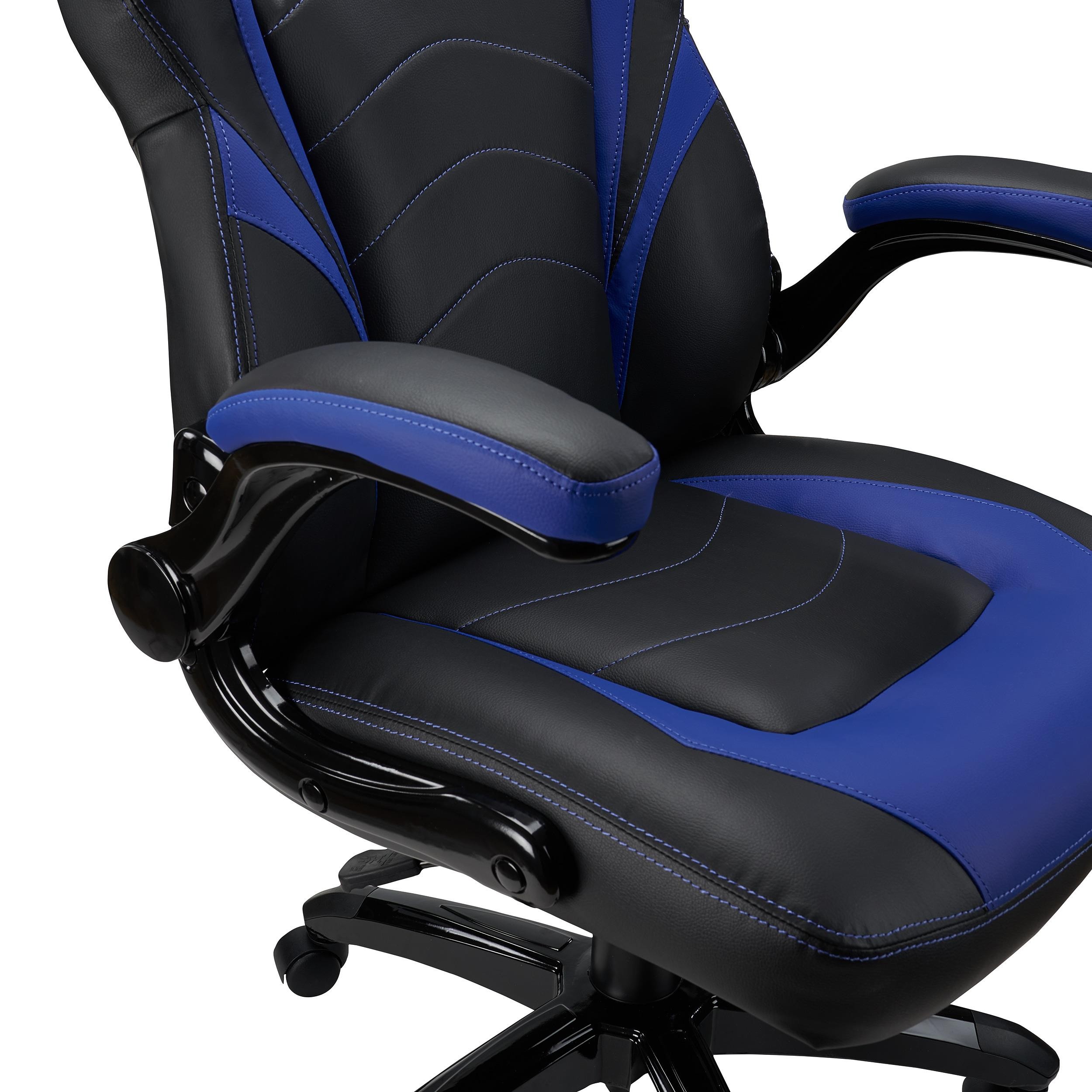 Silla Gaming NITRO, Grueso Acolchado, Reposabrazos Abatibles, en Piel color Negro y Azul