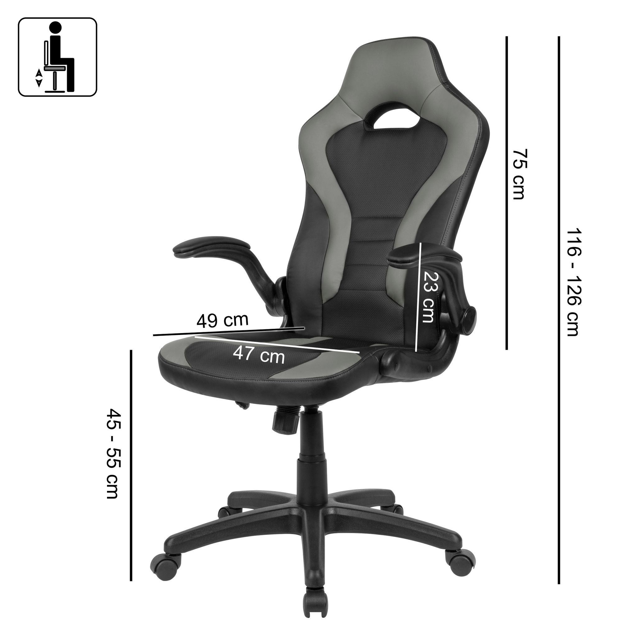 Silla Gaming CASIPI, Diseño Deportivo, Reposabrazos Abatibles, en Piel color Negro y Gris
