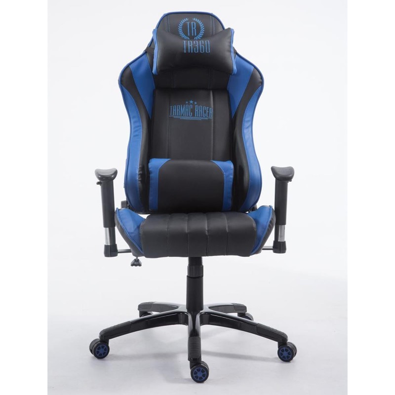 Silla gaming LOGAN PRO, respaldo reclinable, con cojines, en piel color negro/azul