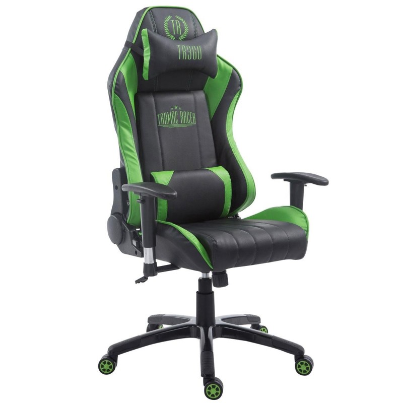 Silla gaming LOGAN PRO, respaldo reclinable, con cojines, en piel color negro/azul