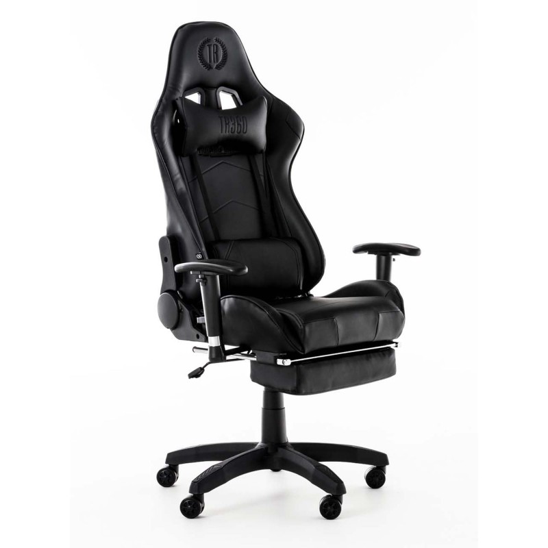 Silla gaming TURBO con reposapiés, reclinable, con cojines, en piel color negro