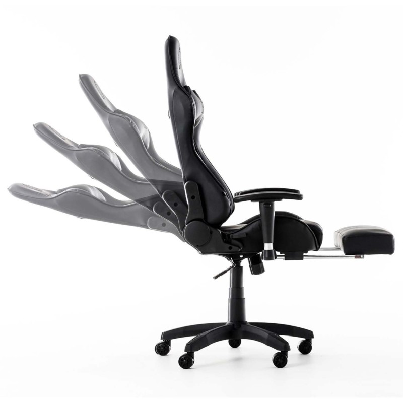Silla gaming TURBO con reposapiés, reclinable, con cojines, en piel color negro
