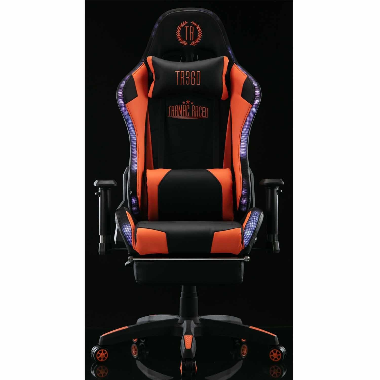 Silla Gaming TURBO LED PIEL, Respaldo Reclinable, Reposapiés, Cojines Lumbar y Cervical, en Negro