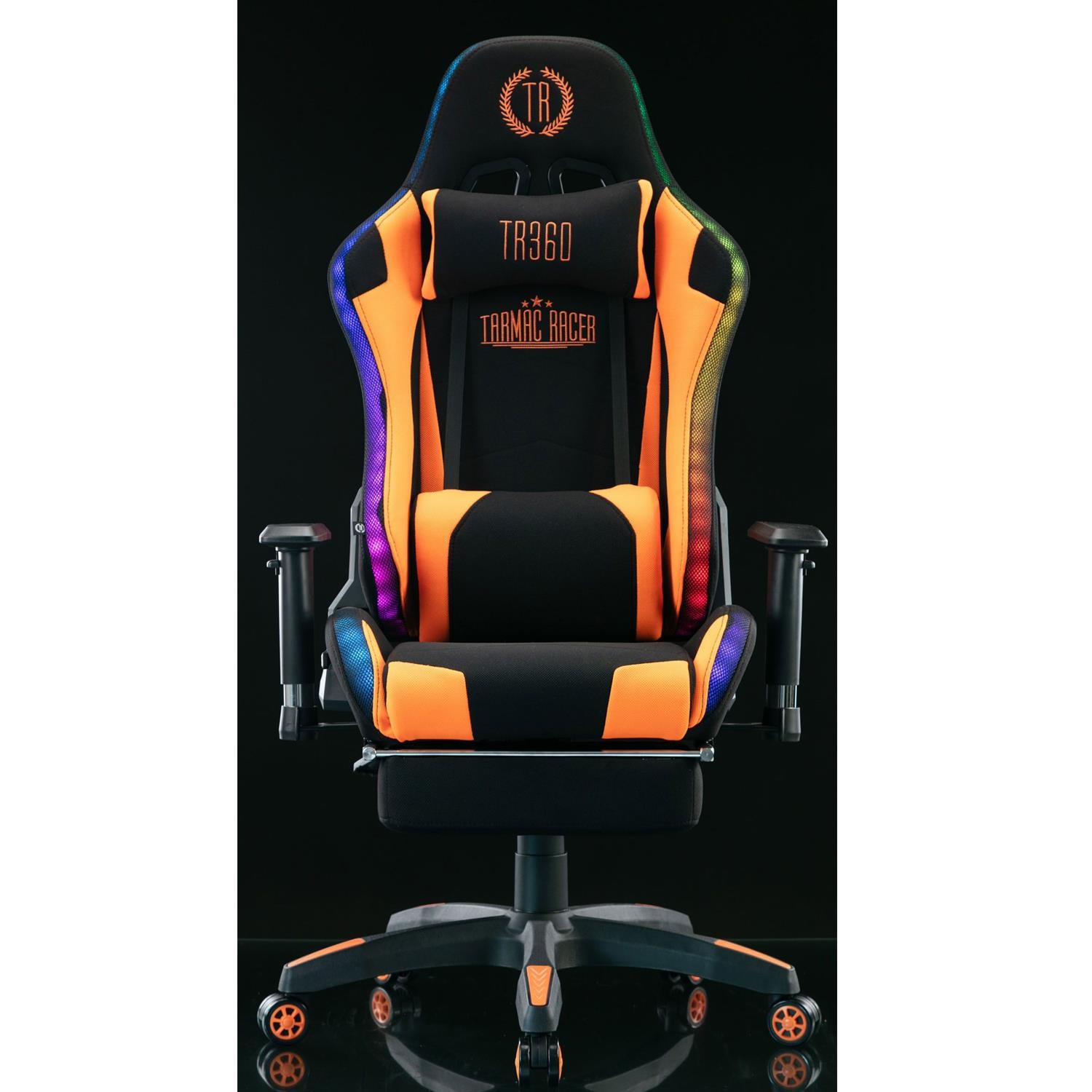Silla Gaming TURBO LED TELA, Respaldo Reclinable, Reposapiés, Cojines Lumbar y Cervical, en Negro