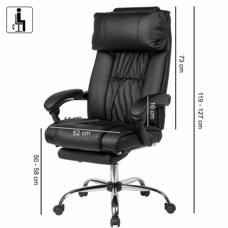 Sillón de Oficina NANDO, Reposapiés Extensible, Respaldo Reclinable, en Piel color Negro