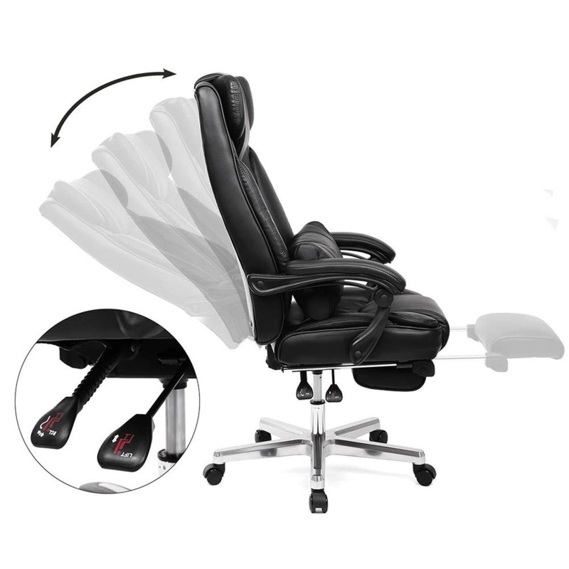 Sillón de oficina BONY, Reposapiés Extensible, en Piel color Negro