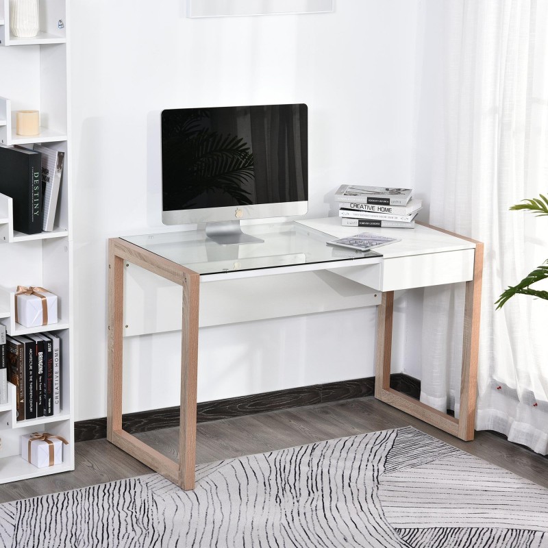 Mesa de ordenador MICHIGAN en Vidrio y Madera, color Blanco