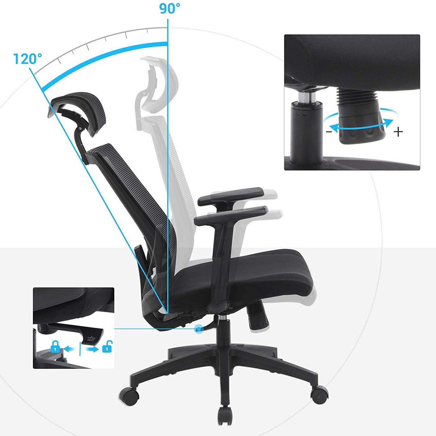 Silla Ergonómica INSTA, Reposacabezas, Soporte Lumbar Ajustable, color Negro
