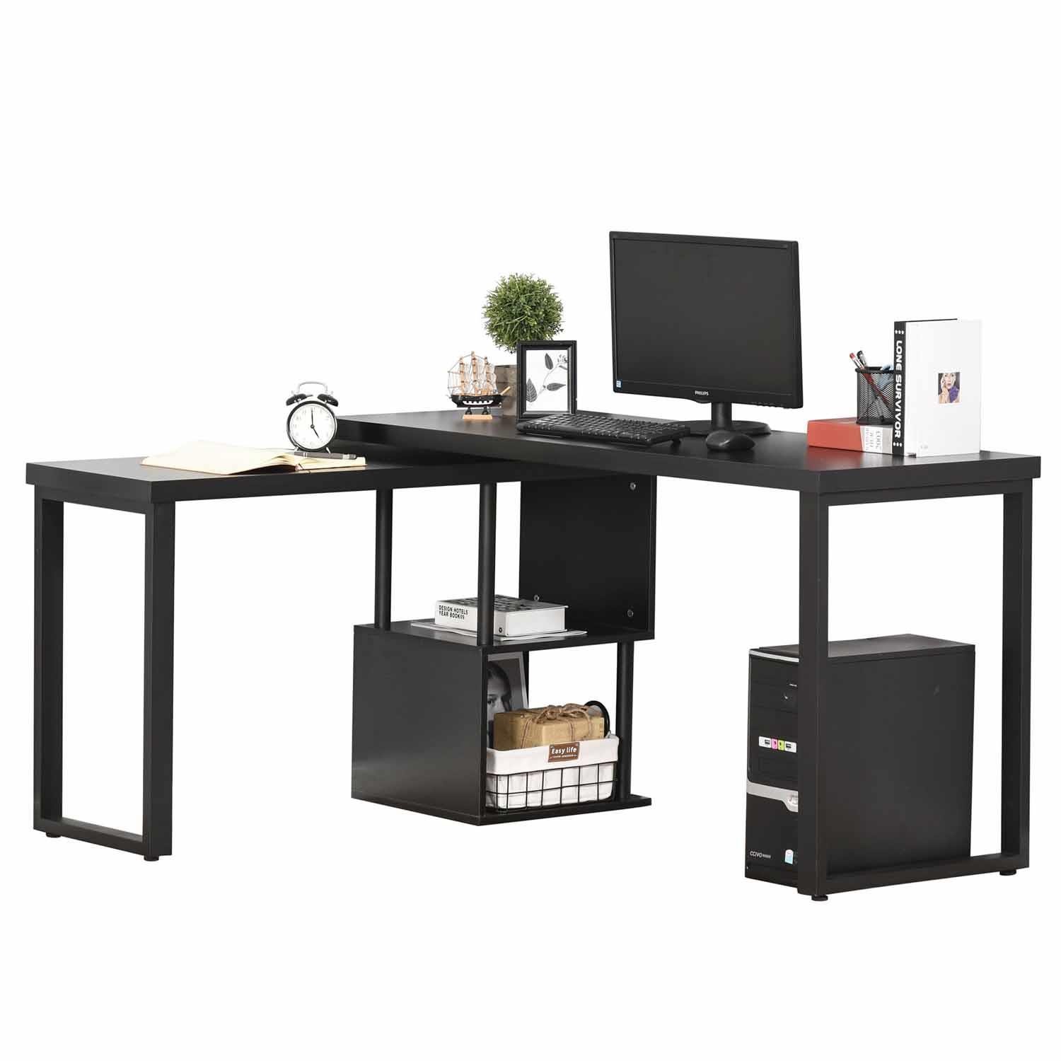 Mesa de Oficina BARTON, 220x55x76 cm, Giratoria, con Estantes, en Metal y Madera color Negro