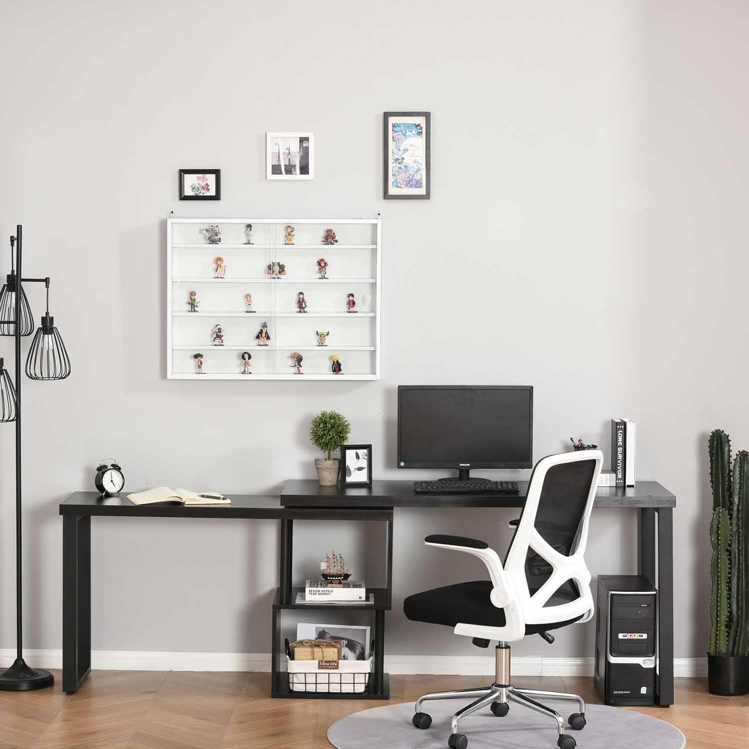 Mesa de Oficina BARTON, 220x55x76 cm, Giratoria, con Estantes, en Metal y Madera color Negro